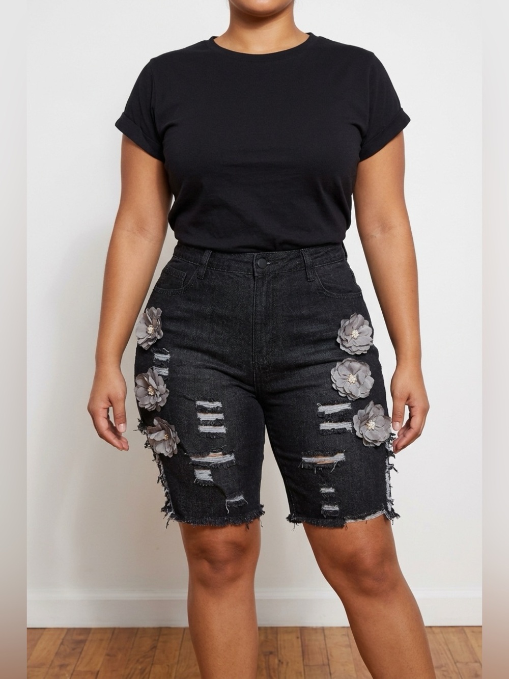 Upcycled Black Distressed Floral-Appliqué Denim Shorts black size M